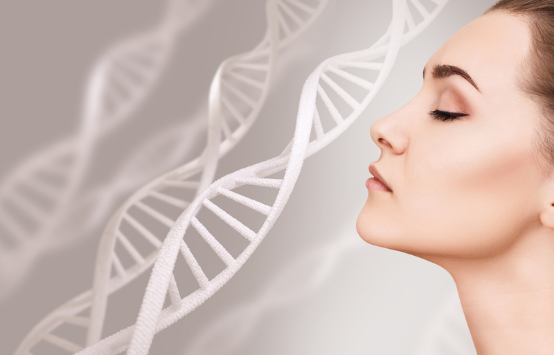 Portrait of sensual woman among DNA chains Young sensual woman among DNA chains over gray background. Biochemistry skin concept.